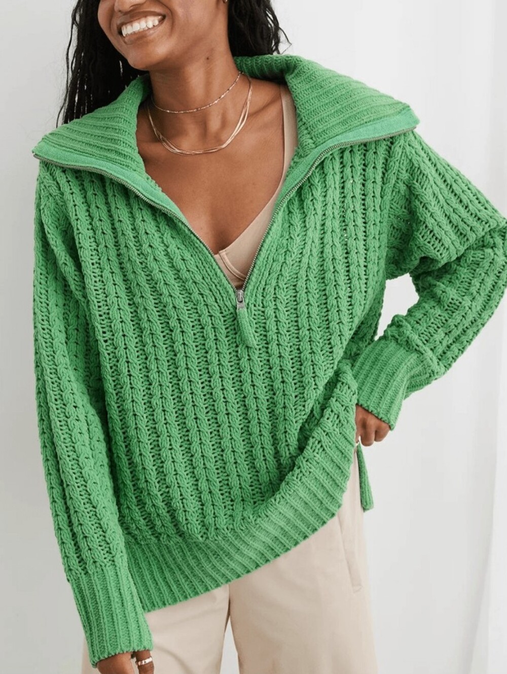 Aerie Cable Car Vibrant Green Quarter Zip Chenille Sweater - Size Medium